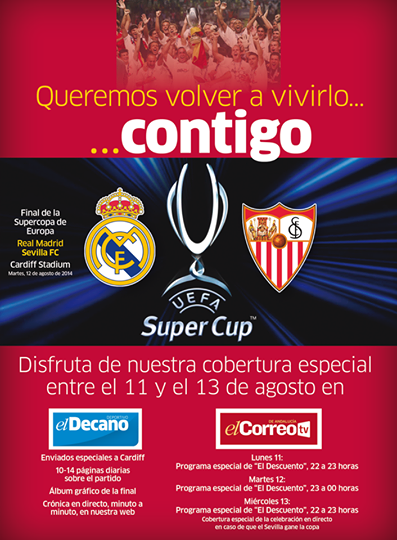 elcorreoweb's tweet photo. Vive con nosotros la #Supercopa de #Cardiff2014 Amplia cobertura de El @DecanoDeportivo y @TvElCorreo @SevillaFC http://t.co/Gy0dJlb63i