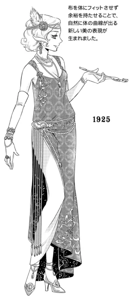 1925年くらいの、アール・デコのナイトドレス。頭にターバンを巻いたりじゃらじゃらアクセを着けるのが流行りました。そして最後にバッスル・スタイルの蜘蛛ドレスなアレンジデザイン。他とはガラリと雰囲気を変えて、ダークに仕上げました。 