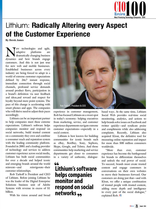LithiumTech's tweet photo. Lithium named one of 100 Most Promising Tech Companies by @CIOReview! See why from @rtarkoff: http://t.co/Jo63LooOhM http://t.co/m2PK31Qnl3