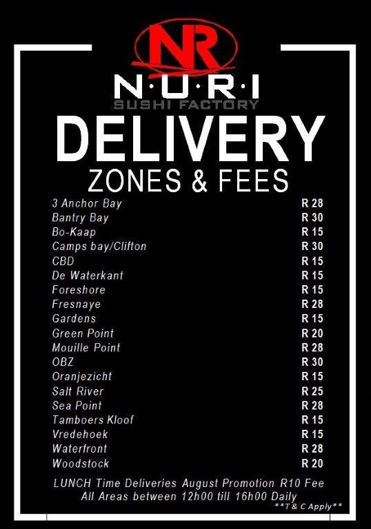 Nurisushi's tweet photo. Our delivery zones and prices... @adamNuri @ambinuri http://t.co/Na0I4MhGqD