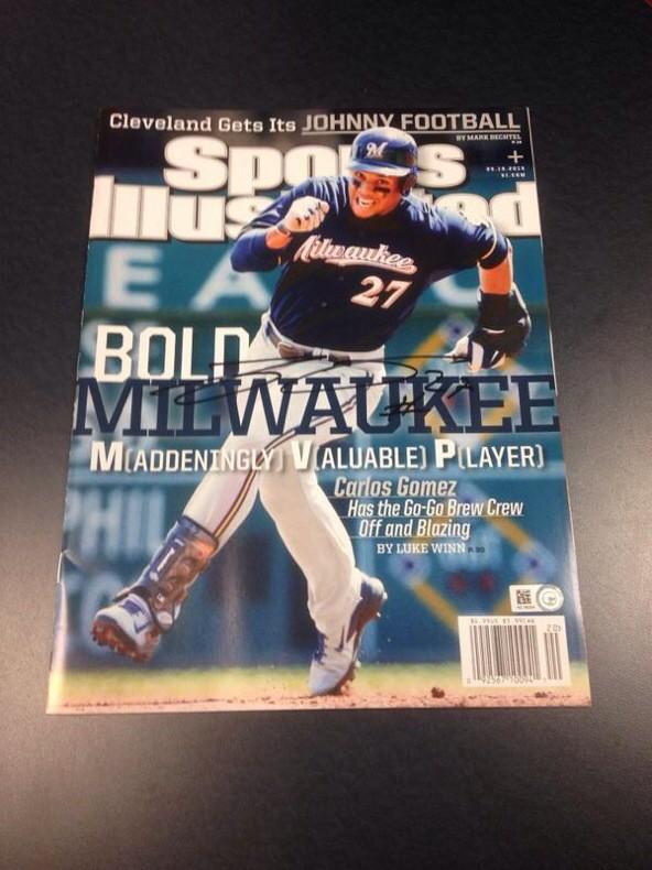 Brewers's tweet photo. If this gets 2K retweets by the end of the game, we'll give away this copy of @SInow signed by @C_Gomez27! #whiff http://t.co/xGlzljrGpI