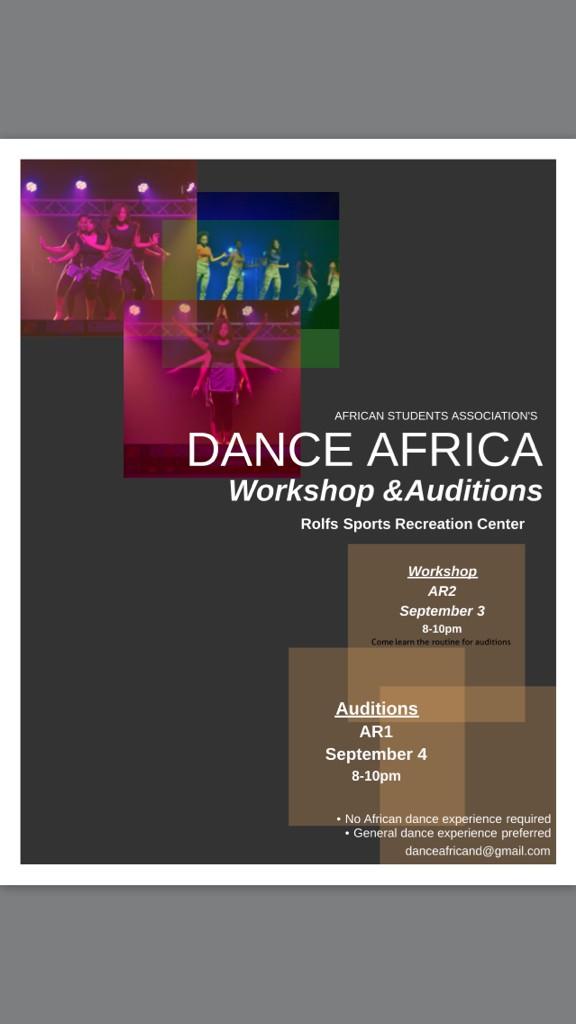 Dance Africa's dance workshop is Sep 3 and auditions on the 4th. Guys &amp; girls welcome!!