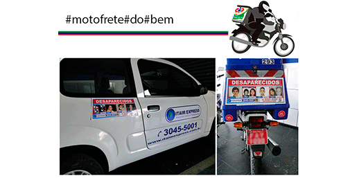 A Itaim Express adesivou todos os baús da sua frota de motos com quatro fotos de pessoas desaparecidas.