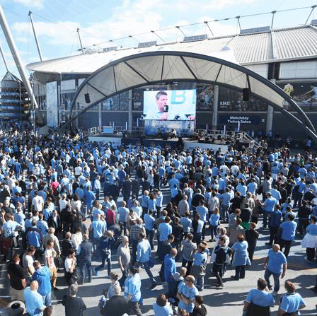 ManCity's tweet photo. CITY SQUARE: Special guests Paul Dickov &amp; Mike Joyce on stage ahead of Liverpool clash 
http://t.co/OVzMuKev2T #mcfc http://t.co/AJHo5jzy8I