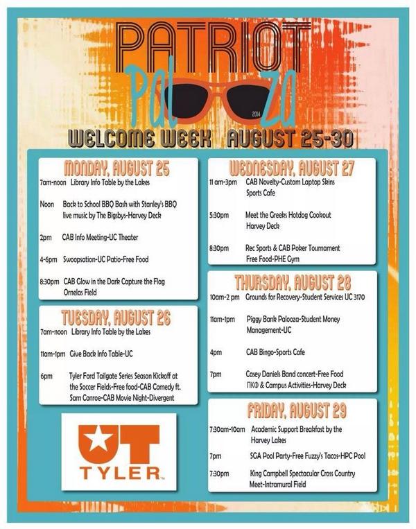 UTTDeltaGamma's tweet photo. First day of classes &amp; #PatriotPalooza tomorrow! Come out &amp; enjoy the great events this week! #GoGreek #UTTyler18 ⚓️💗 http://t.co/FRtzHErR7v