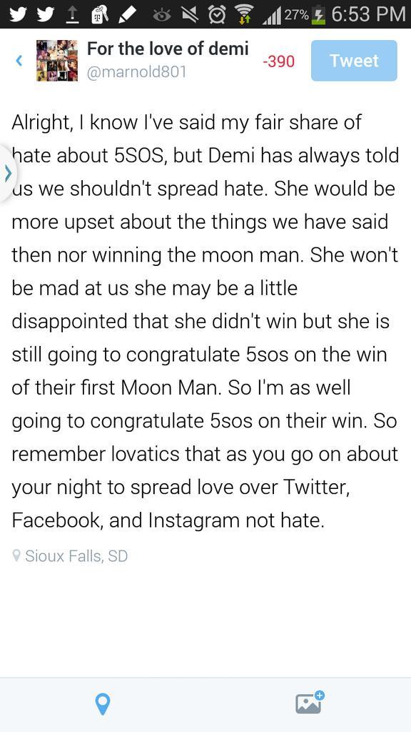 Marnie3369's tweet photo. We need to remember what @ddlovato has taught us over the years apply tonight. #LovaticsDontSendHate #LovaticsLoveAll http://t.co/dF273GldaO