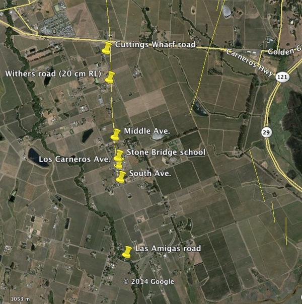 Map of surface rupture locations south of highway 12 line up along Browns Valley section of West Napa fault.