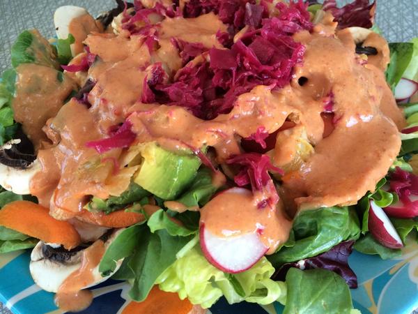 lorimaher's tweet image. Day 7 @_KimberlySnyder salad challenge - topped with two kinds of KRAUT and my Russian dressing!