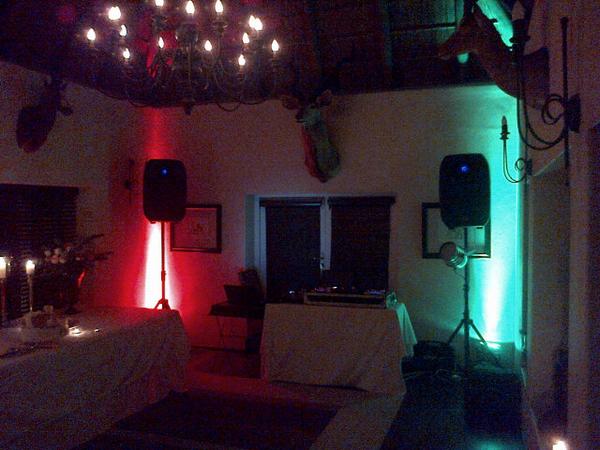 Small sound and lighting setup for Louise and Mikes wedding reception after party on Saturday night.