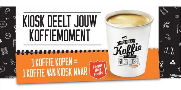 Koop een kopje koffie bij Kiosk, dan schenken wij er eentje aan het <a href="/Legerdesheils/">Leger des Heils</a>. Dus deel nu jouw koffiemoment!