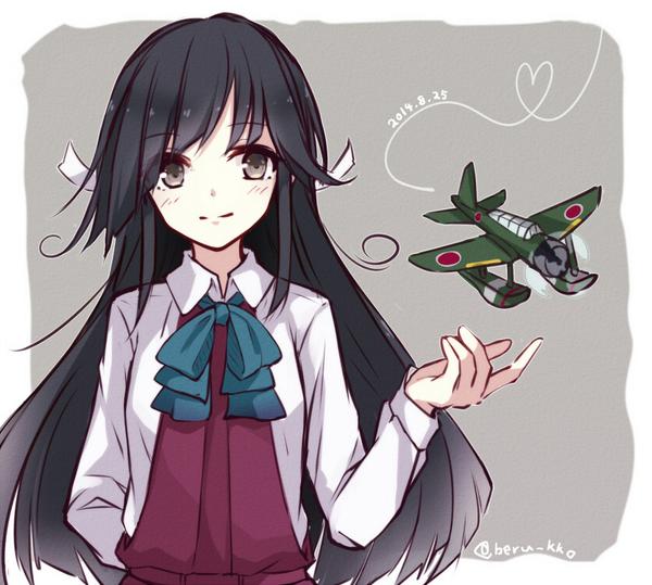 hayashimo (kancolle) 1girl long hair black hair solo airplane aircraft school uniform  illustration images