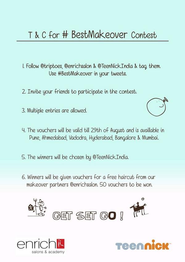 triptoes's tweet photo. So here are the T&amp;Cs for the contest. #BestMakeover @TeenNickIndia @enrichsalon http://t.co/4xZvXaxcpO
