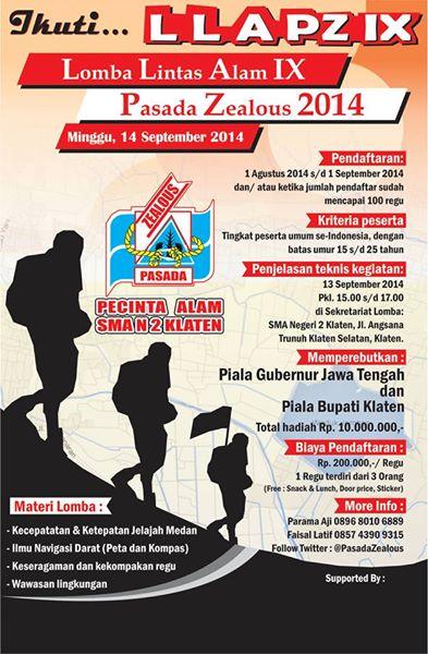 <a href="/CikaraBhuana/">Mapala Cikara Bhuana</a> Lomba Lintas Alam IX • 14/9/14 • Pendftn 1/8 -1/9/14 @ SMA N 2 Klaten • 200k