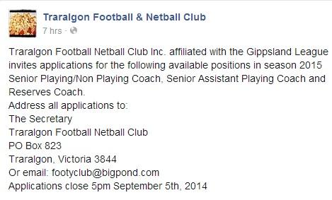 GippslandFooty's tweet photo. .@TraralgonFNC are looking for a new senior coach for the 2015 season @AFLGippsland http://t.co/WO98KUiLDN