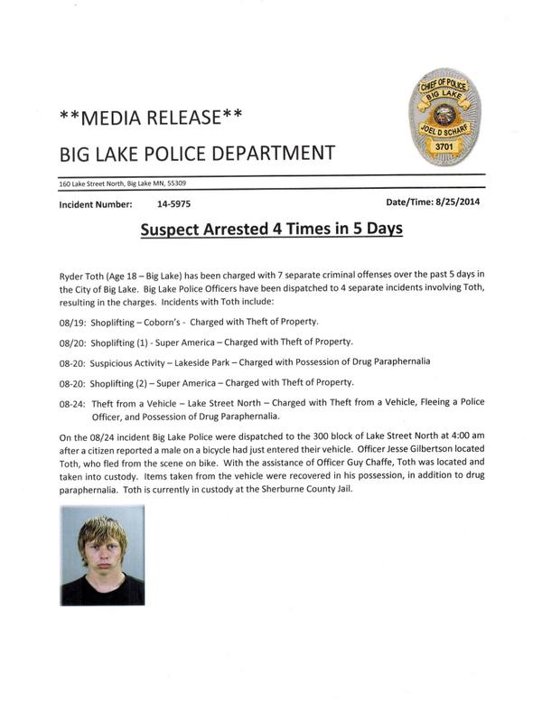 BigLakePolice's tweet photo. Big Lake Police arrest suspect 4 times in 5 days, charging him with 7 offenses.  Ryder Toth is currently in jail. http://t.co/SJTDMX1CEj