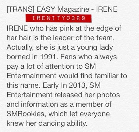 REDVELVETnow's tweet photo. [TRANS] Red Velvet on EASY Magazine - About IRENE || (cr: irenity0329) http://t.co/KdW3hKad39