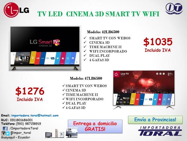 impor_toral's tweet image. @ClasificadoEC TV LG LED 3D SMART WIFI 
42lb6500 $1035 inc iva
47lb6500 $1276 inc iva
importadora.toral@hotmail.com