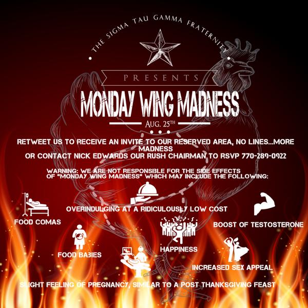 SigTauSFASU's tweet photo. Join us at 7pm tonight at @FrogsNac for our "MONDAY WING MADNESS", RT or  contact @NickEdwards66 to RSVP! @SFA2018 http://t.co/re7moZuCib