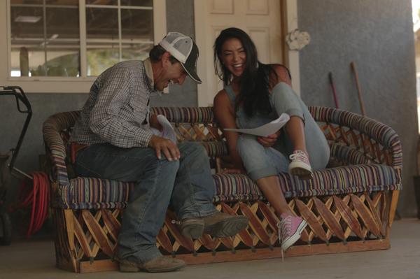 Corral360's tweet photo. @robloscowboys  and @IvetteSaucedo share a laugh on the set of #LosCowboysTV #hulu #latino #charro http://t.co/WkvdtSBKOj