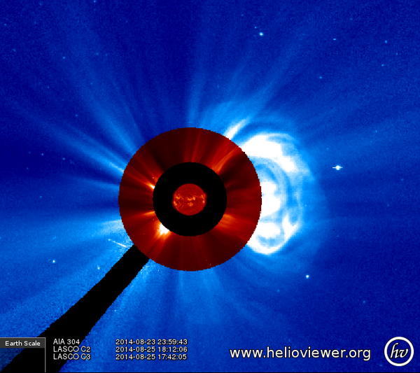 Coronal mass ejection from earlier M2 class solar flare visible in LASCO C2/C3.