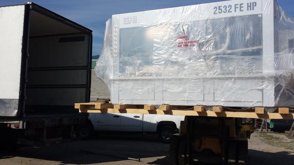 New counter pressure line being unloaded at the shop. Special thanks to Wal-Kat lift truck and Wally for the help.