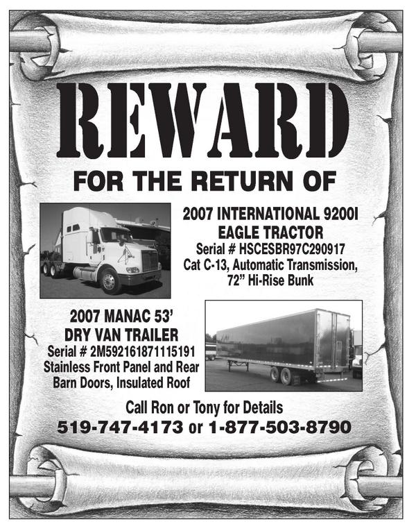 SpeedyWellness's tweet image. PLEASE RT THIS!!
LOST! 2007 International tractor, Manac trailer. Owners offering a reward: todaystrucking.com/lost-2007-inte…
