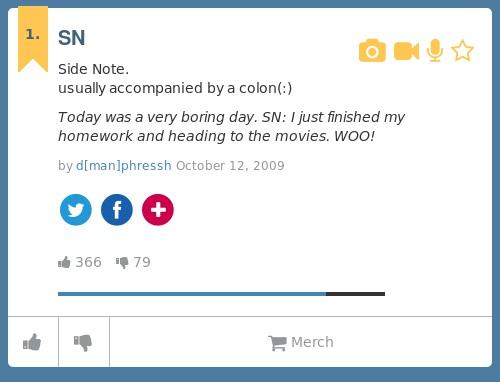 Urban Dictionary on X: @Rome____ SN: Side Note. usually accompanied by a  colon(:)   / X