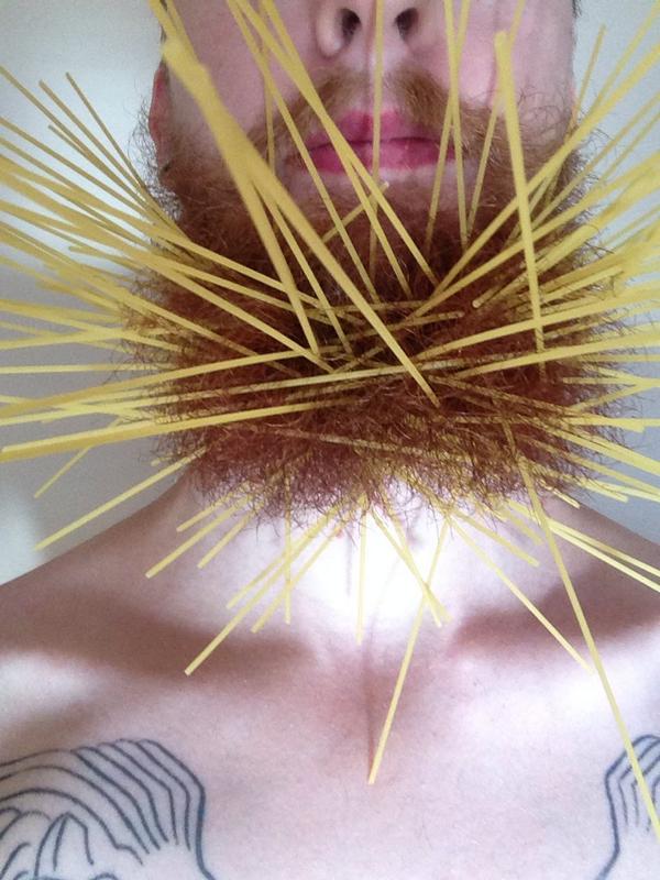 RileyGTurner's tweet photo. Today I got bored. So I put a whole bunch of spaghetti in my beard. http://t.co/VC8yPl6Arp