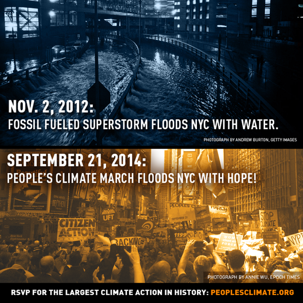 350's tweet photo. 11/2/12: Super-storm flooded NYC w/ water. 9/21/14: #peoplesclimate march will flood NYC w/ hope. via @ForecastFacts http://t.co/MfbJfoG7tD