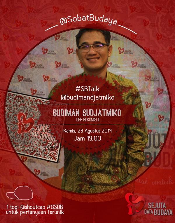 Minggu ini di #SBTalk hari Kamis, 28 agustus jam 19:00 <a href="/sobatbudaya/">Sobat Budaya</a> akan #SBTalk bersama mas <a href="/budimandjatmiko/">Budiman Sudjatmiko (IG: kelasinspirasibudiman)</a> nih 😁