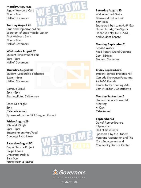 GSUPsych's tweet photo. Check out the schedule for Welcome Week! Find us at the Club &amp; Org Fair from 12-6, sign up, meet friends, &amp; have fun! http://t.co/kl9bommtmo