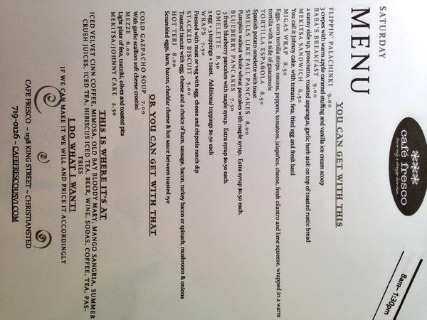 Saturday breakfast starting this week at Fresco. On King street Pentheny building. Breakfast all day.