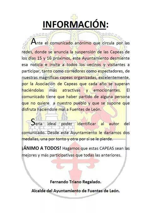 joseliqui's tweet photo. No tiene desperdicio este comunicado del alcalde de Fuentes de León, jajajajaja #Badajoz http://t.co/2CeoZ2RFcU