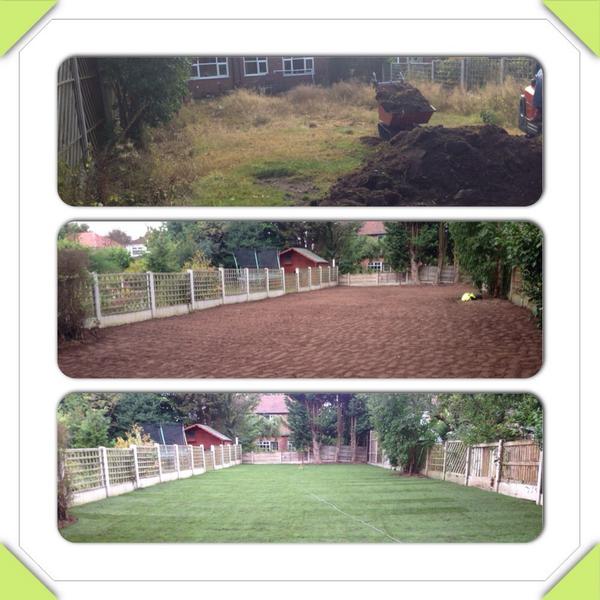 Garden excavated,15 ton dug out, 3 tiered garden leveled into 1 tier, 15 ton of root zone, 280m of turf! 3 days work