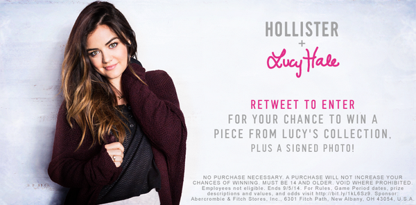 lucyhale's tweet photo. RT this tweet for a chance to win a piece from my new @HollisterCo collection !! 😊 #LHC #HCoContest http://t.co/YX0op2p8yc