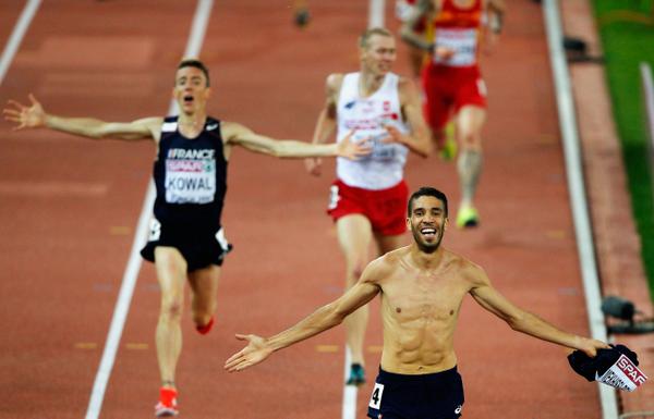SkySports's tweet photo. Mahiedine Mekhissi-Benabbad won gold in the 3000m steeplechase. Was later disqualified for taking off his shirt. http://t.co/FrDyDb8k9R