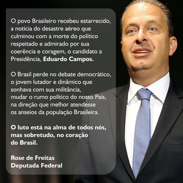 DepRosedFreitas's tweet photo. "O luto está na alma de todos nós, mas, sobretudo, no coração do Brasil."

Rose de Freitas
Deputada Federal http://t.co/wggCWSDhbg