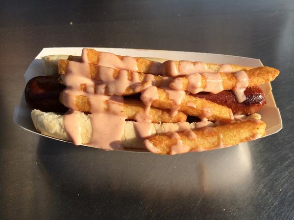 steveklauke's tweet photo. Here it is, the Salt Lake City dog in Omaha. A hot dog topped with fries and fry sauce. http://t.co/icBegnrR4J