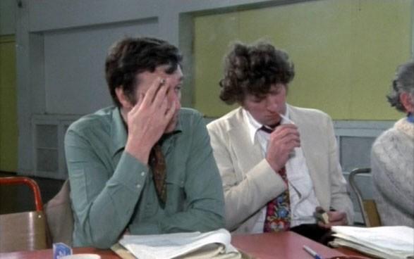 DocWhoCast's tweet image. Tom Baker and Nicholas Courtney at the readthrough of 'Robot'