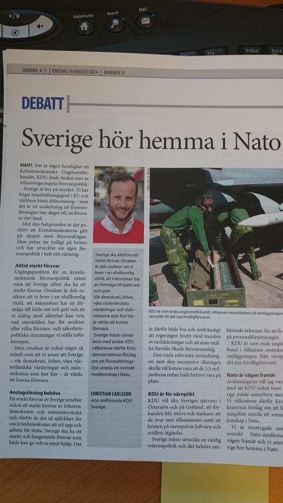 KDUSverige's tweet photo. KDU:s förste vice ordförande @ChristianCkd skriver i tidningen @kristdemokraten att Sverige hör hemma i Nato. #foepol http://t.co/IlMHPH8pX9