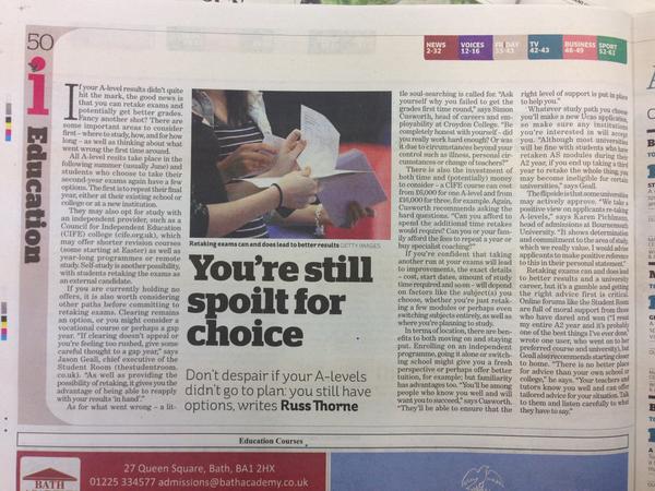 EMPRA's tweet image. Nice piece in The 'i' @CroydonCollege 's Simon Cusworth; what to do if #alevels not as expected. Inc @thestudentroom