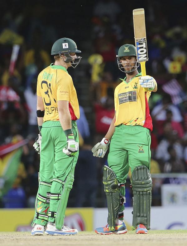 Dream11's tweet photo. @54simmo & @Martyguptill make d chase look too easy as #GAW storm into #CPL2014 Finals! #BTvsGAW Final's gonna rock! http://t.co/Bh9OKGjhxW