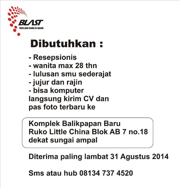 Dibutuhkan resepsionis <a href="/iklanbpp/">Media Promosi</a> <a href="/Balikpapanku/">Balikpapanku</a> <a href="/bpn24jam/">Kabar Balikpapan</a> <a href="/advbpn/">Advertise Balikpapan</a> @EventBPN <a href="/JajanBalikpapan/">Jajanan Balikpapan</a> <a href="/anakmudabpp/">Anak Muda Balikpapan</a>