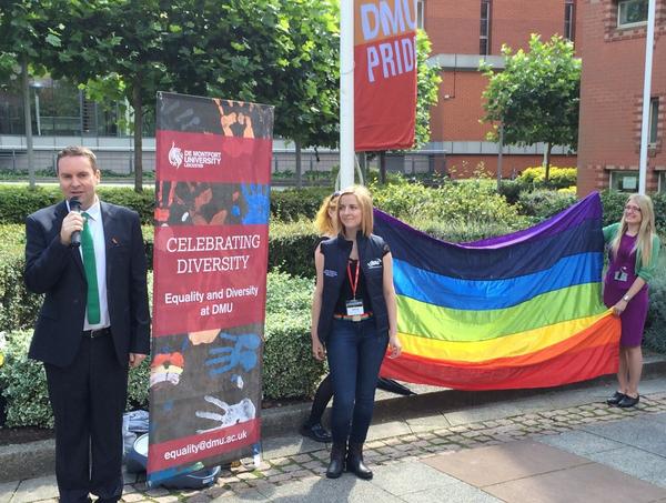 HindlePaul's tweet photo. At the DMU Leicester Pride flag-raising, fronted by @DMUVC and @AmieDPE. #thisisDMU http://t.co/EcoW3QR8BV