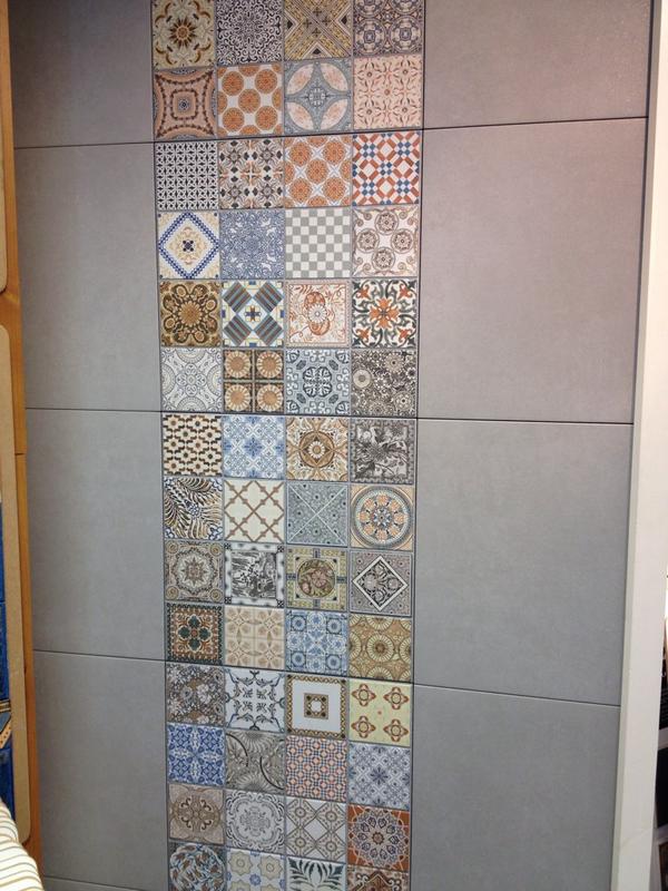 galloceramics's tweet image. Just in! This new patchwork porcelain floor and wall tile 440x440 with a contrasting plain grey tile