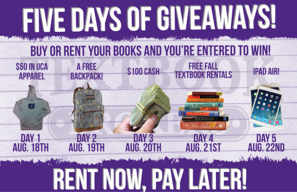 TextbookBrokers's tweet photo. Did you hear about our #UCAWelcome Week giveaway? Check out all the stuff you can win! RT to enter #UCA18 #UCA17 http://t.co/dfWAK2kdDm