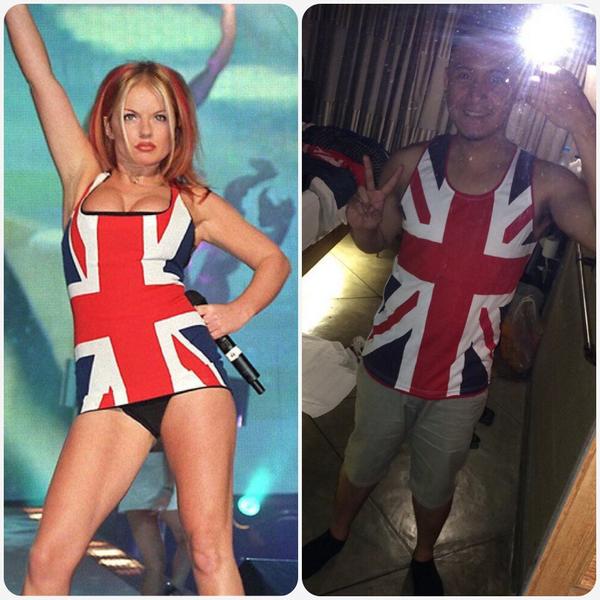 jeffycue's tweet photo. @GeriHalliwell i think i wore it better... Dont you think? Hehehe. Hi geri! http://t.co/SXyVVrZ0Ky