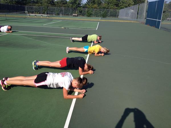 Girls tennis team working hard at conditioning! Great work girls! Proud of your efforts! Keep up the good work!