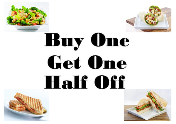 HAPPY FRIDAY!

Come on in with a friend and you'll get the second salad, panini, wrap, or fusion sandwich half off!