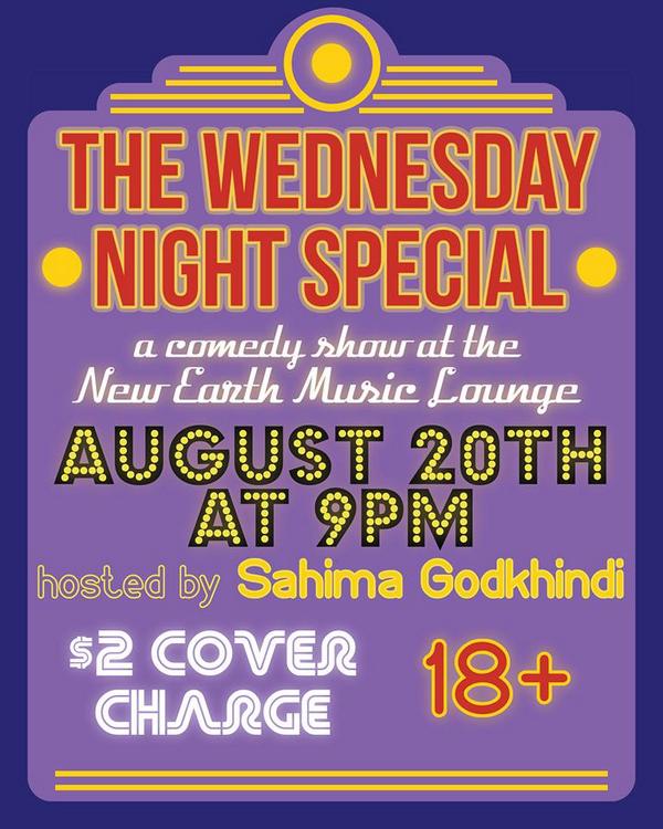 Ready for some laughs next week?! Come out 8/20 for local comedian, Sahima Godkhindi. It's the 1st Wednesday Special!